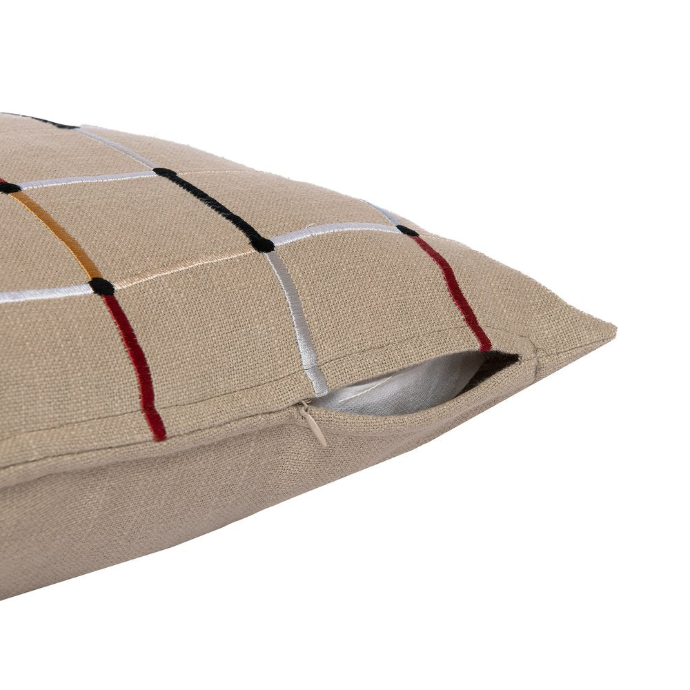 24" Beige Check Cotton Blend Throw Pillow With Embroidery