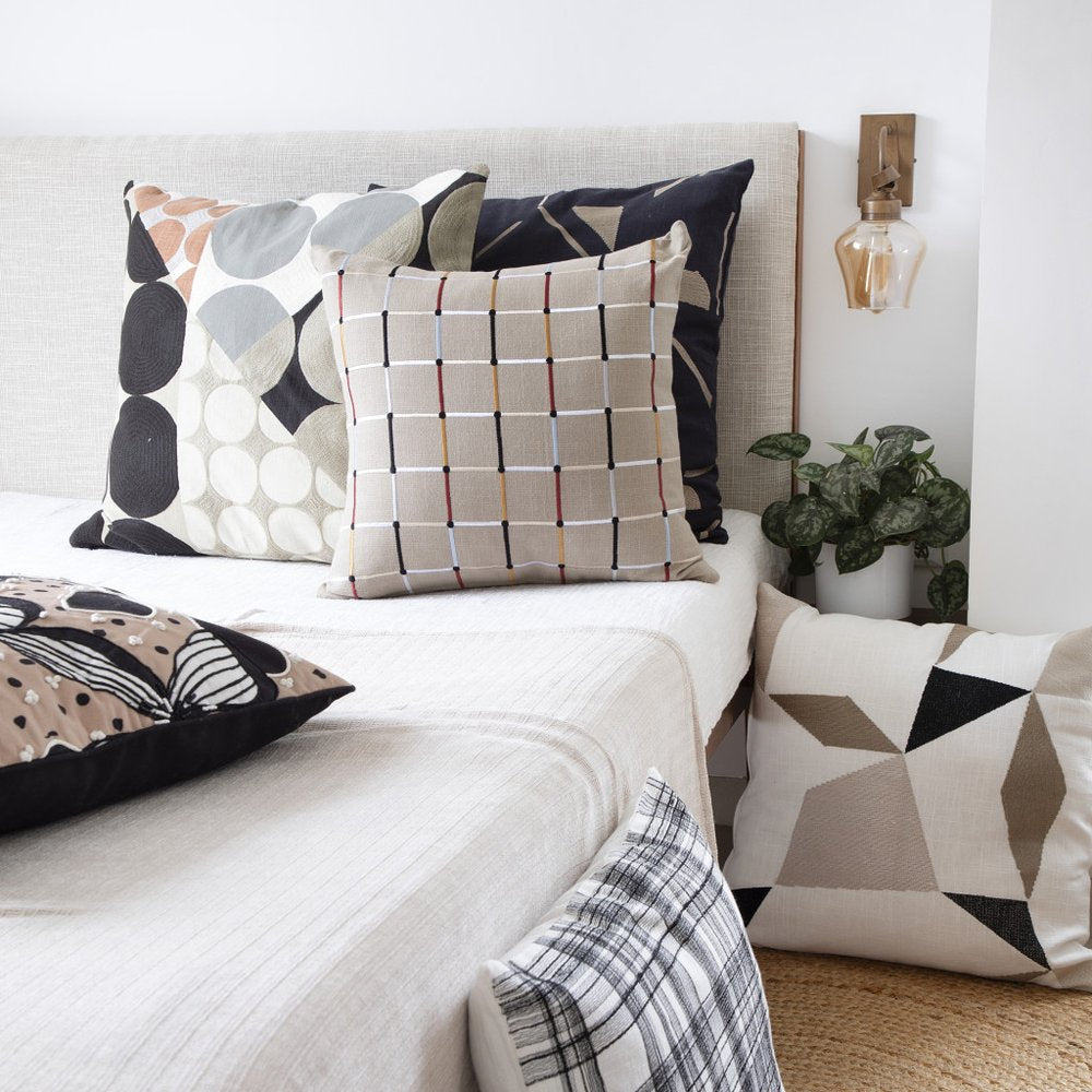 20" White Check Cotton Blend Throw Pillow With Embroidery