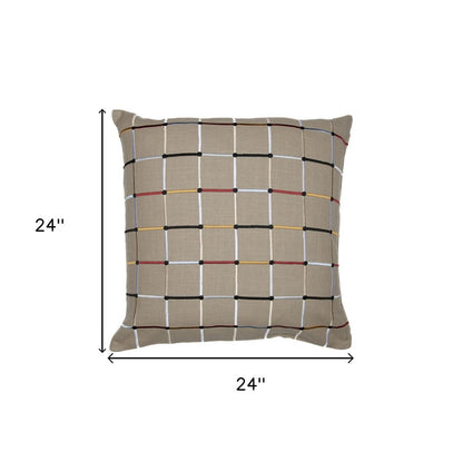 24" Beige Check Cotton Blend Throw Pillow With Embroidery