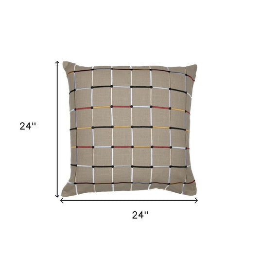20" Beige Check Cotton Blend Throw Pillow With Embroidery