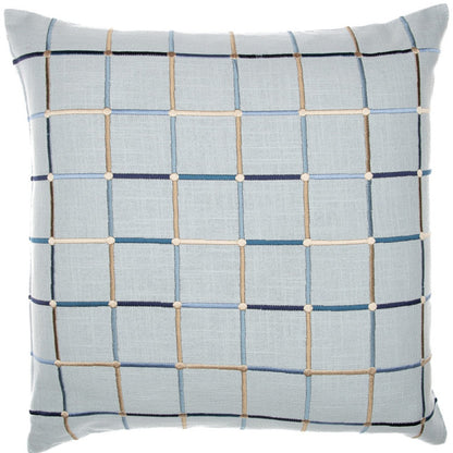 20" Beige Check Cotton Blend Throw Pillow With Embroidery