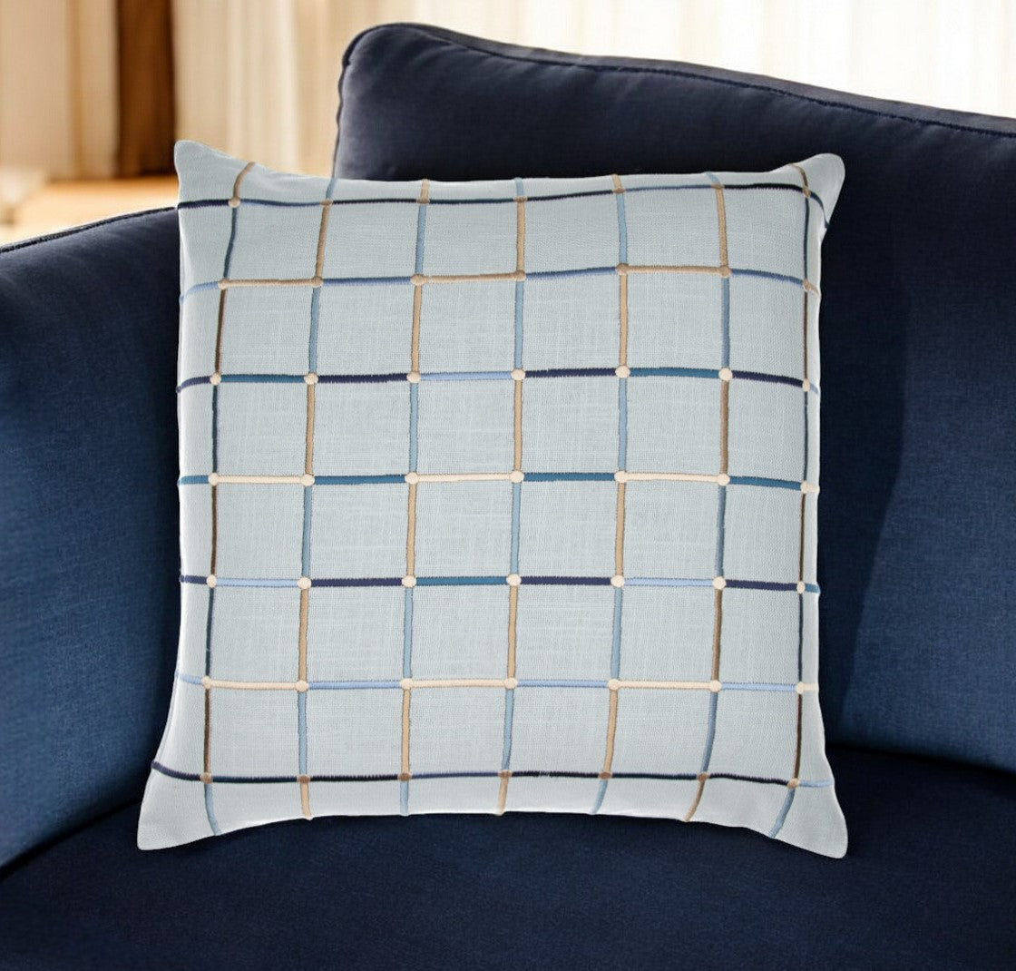 20" Beige Check Cotton Blend Throw Pillow With Embroidery