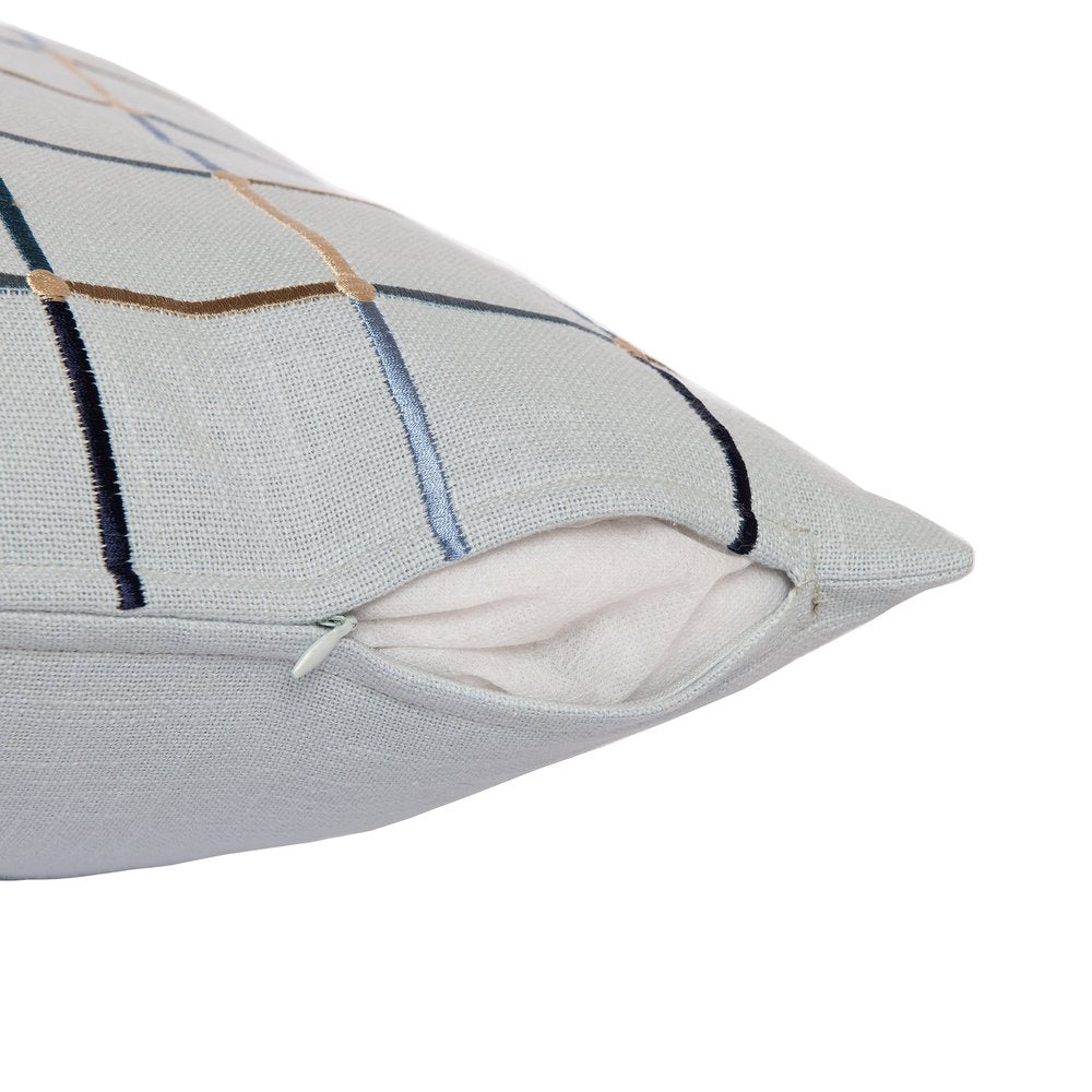 24" White Check Cotton Blend Throw Pillow With Embroidery
