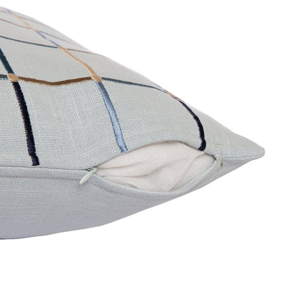 24" White Check Cotton Blend Throw Pillow With Embroidery