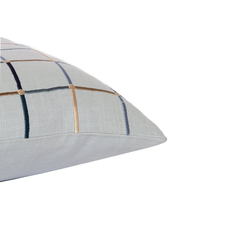 24" White Check Cotton Blend Throw Pillow With Embroidery