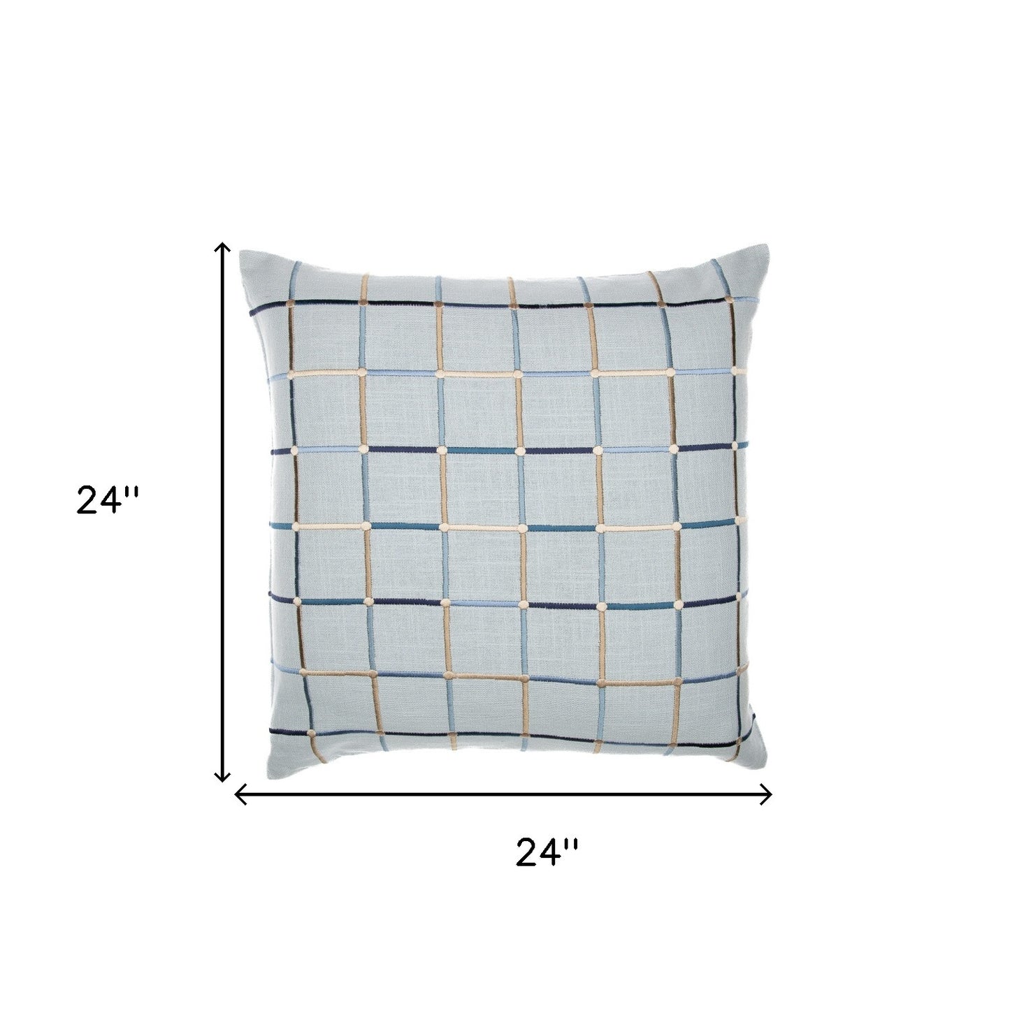 20" Beige Check Cotton Blend Throw Pillow With Embroidery