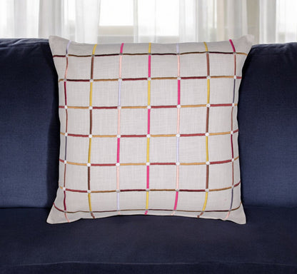 20" Beige Check Cotton Blend Throw Pillow With Embroidery