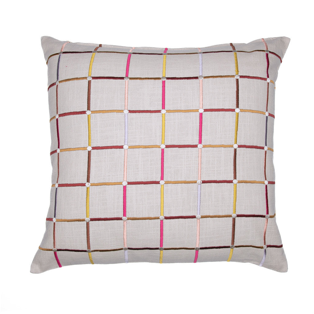 20" Beige Check Cotton Blend Throw Pillow With Embroidery