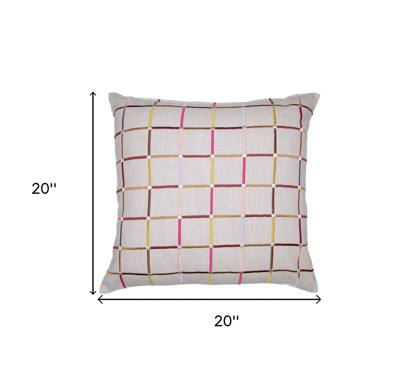 20" Beige Check Cotton Blend Throw Pillow With Embroidery