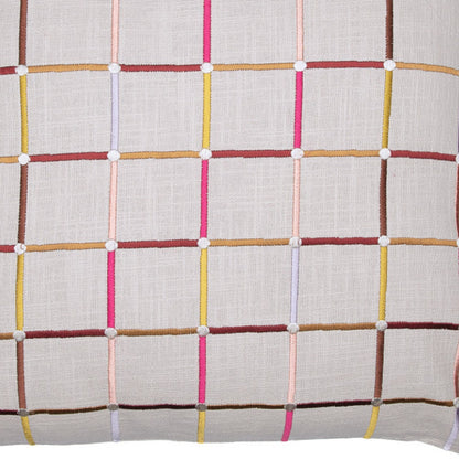 20" Beige Check Cotton Blend Throw Pillow With Embroidery