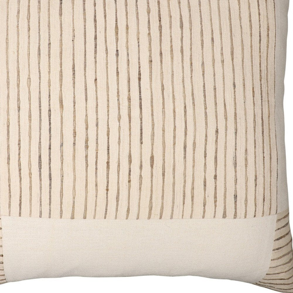 24" Beige and White Check Silk Throw Pillow With Embroidery