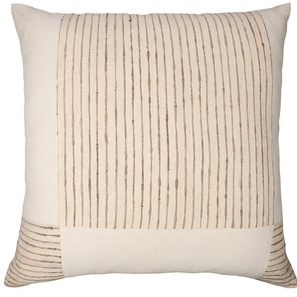 24" Beige and White Check Silk Throw Pillow With Embroidery