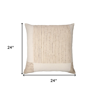 24" Beige and White Check Silk Throw Pillow With Embroidery