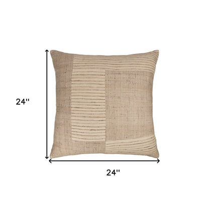 24" Brown and Beige Geometric Silk Throw Pillow With Embroidery