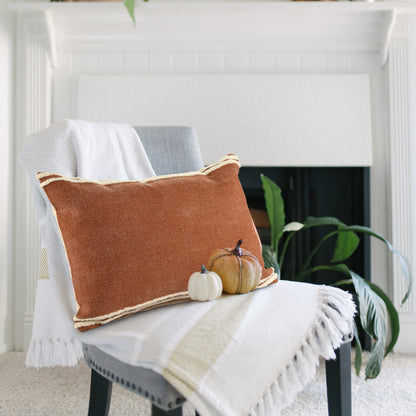 20" X 20" Cinnamon And White 100% Cotton Striped Zippered Pillow