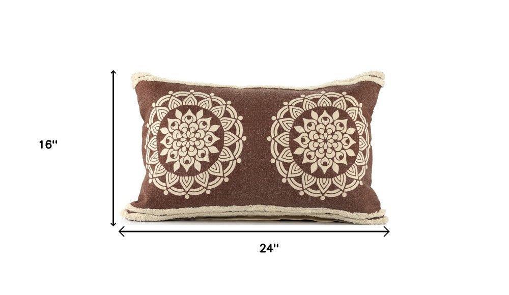 16" X 24" Brown and Ivory Medallion Cotton Lumbar Throw Pillow With Texture