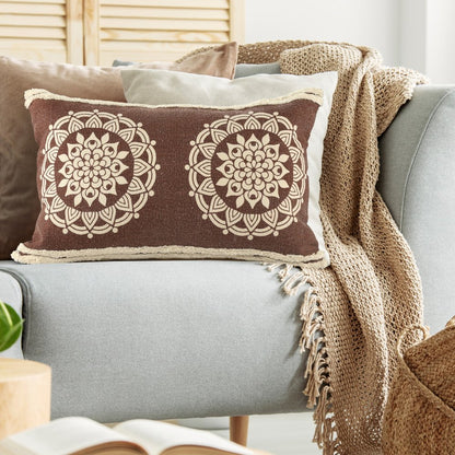16" X 24" Brown and Ivory Medallion Cotton Lumbar Throw Pillow With Texture