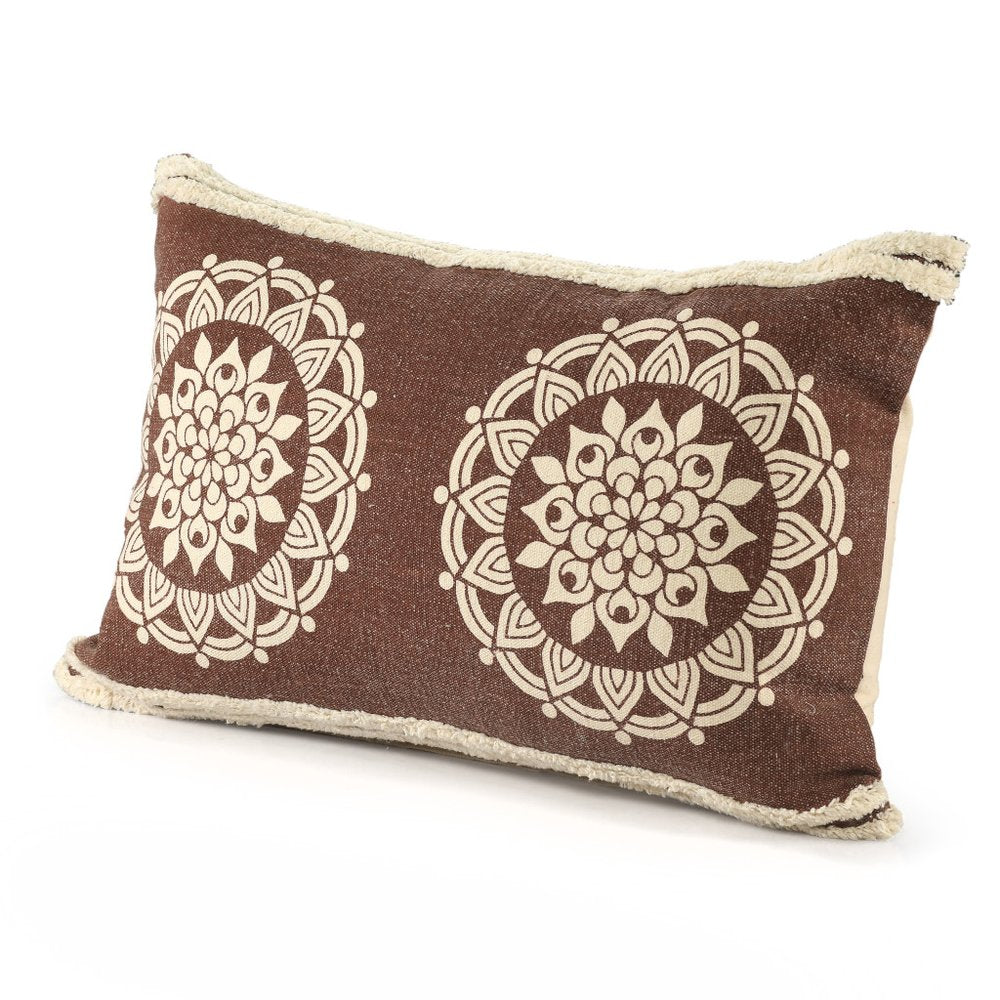 16" X 24" Brown and Ivory Medallion Cotton Lumbar Throw Pillow With Texture