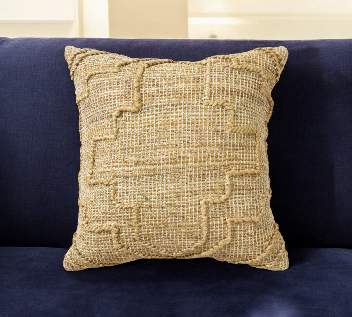 22" Natural Trellis Jute Throw Pillow With Embroidery