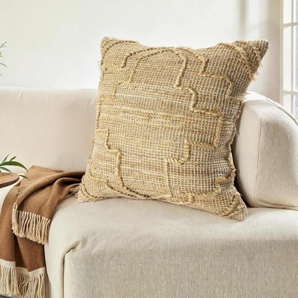 22" Natural Trellis Jute Throw Pillow With Embroidery