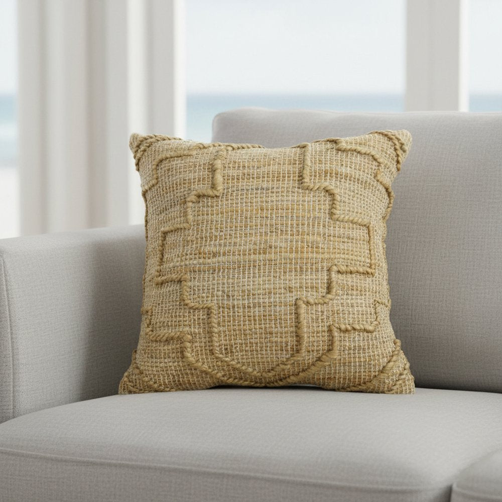 22" Natural Trellis Jute Throw Pillow With Embroidery