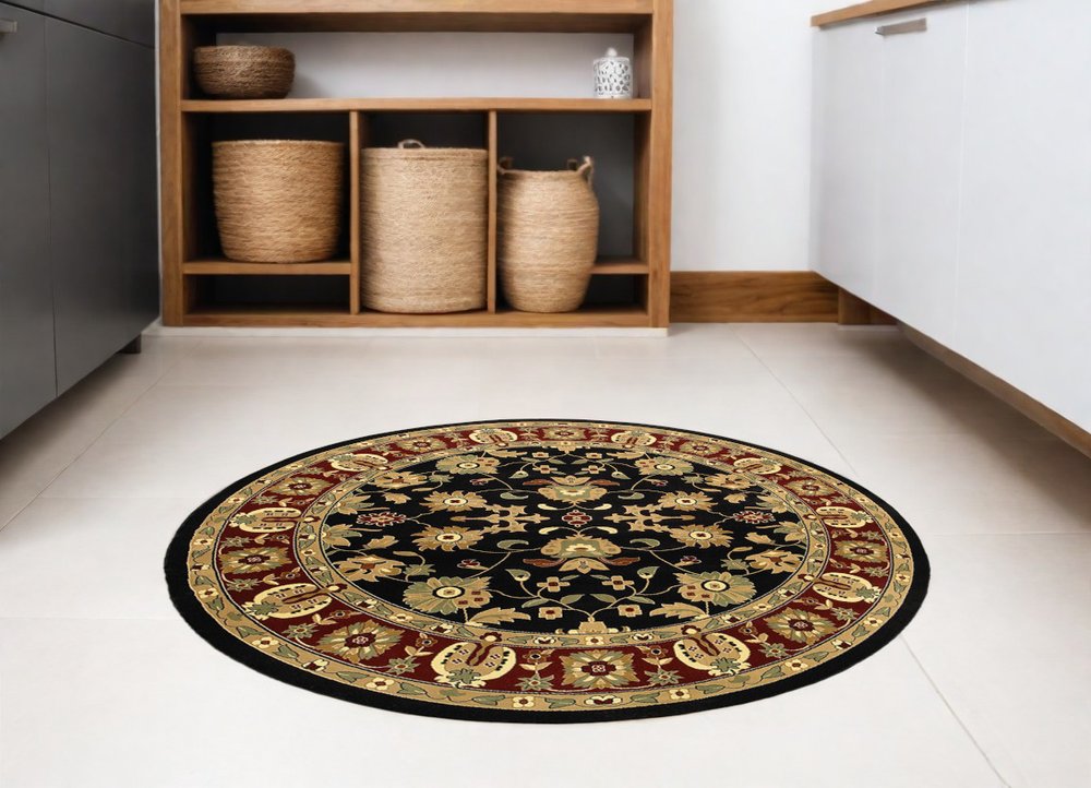 6' Black and Red Round Floral Area Rug