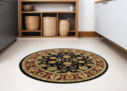 6' Black and Red Round Floral Area Rug