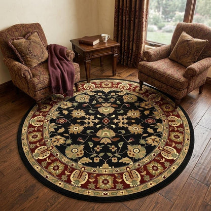 6' Black and Red Round Floral Area Rug