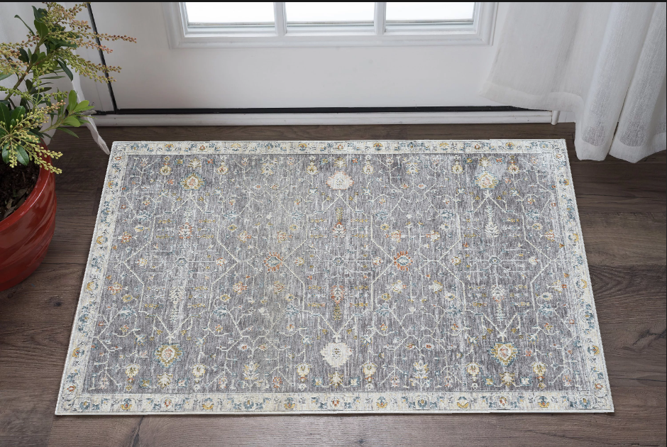 8' Runner Gray Floral Distressed Runner Rug