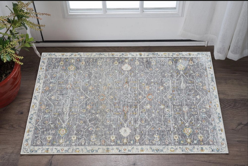 2' X 3' Gray and Ivory Floral Area Rug