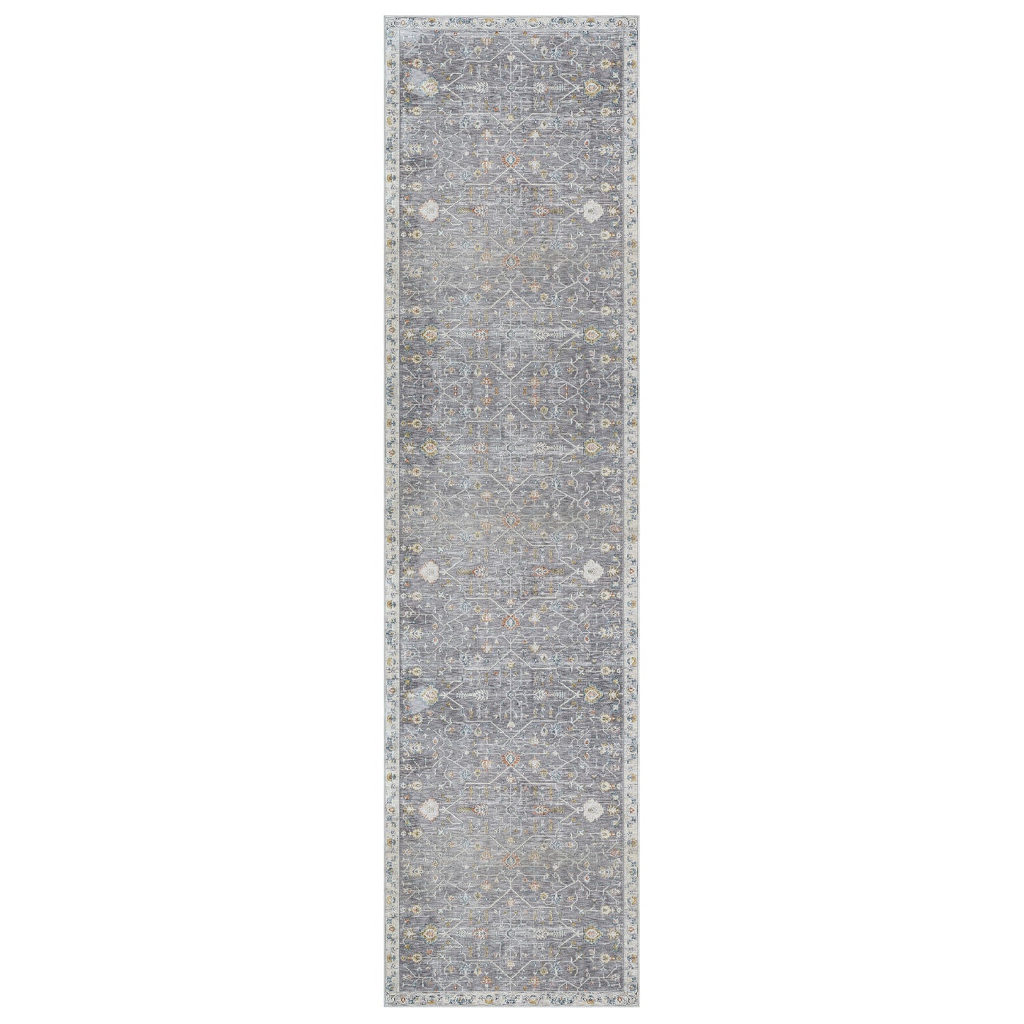 8' Runner Gray Floral Distressed Runner Rug