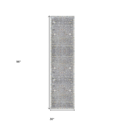 8' Runner Gray Floral Distressed Runner Rug