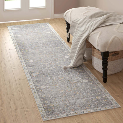 8' Runner Gray Floral Distressed Runner Rug