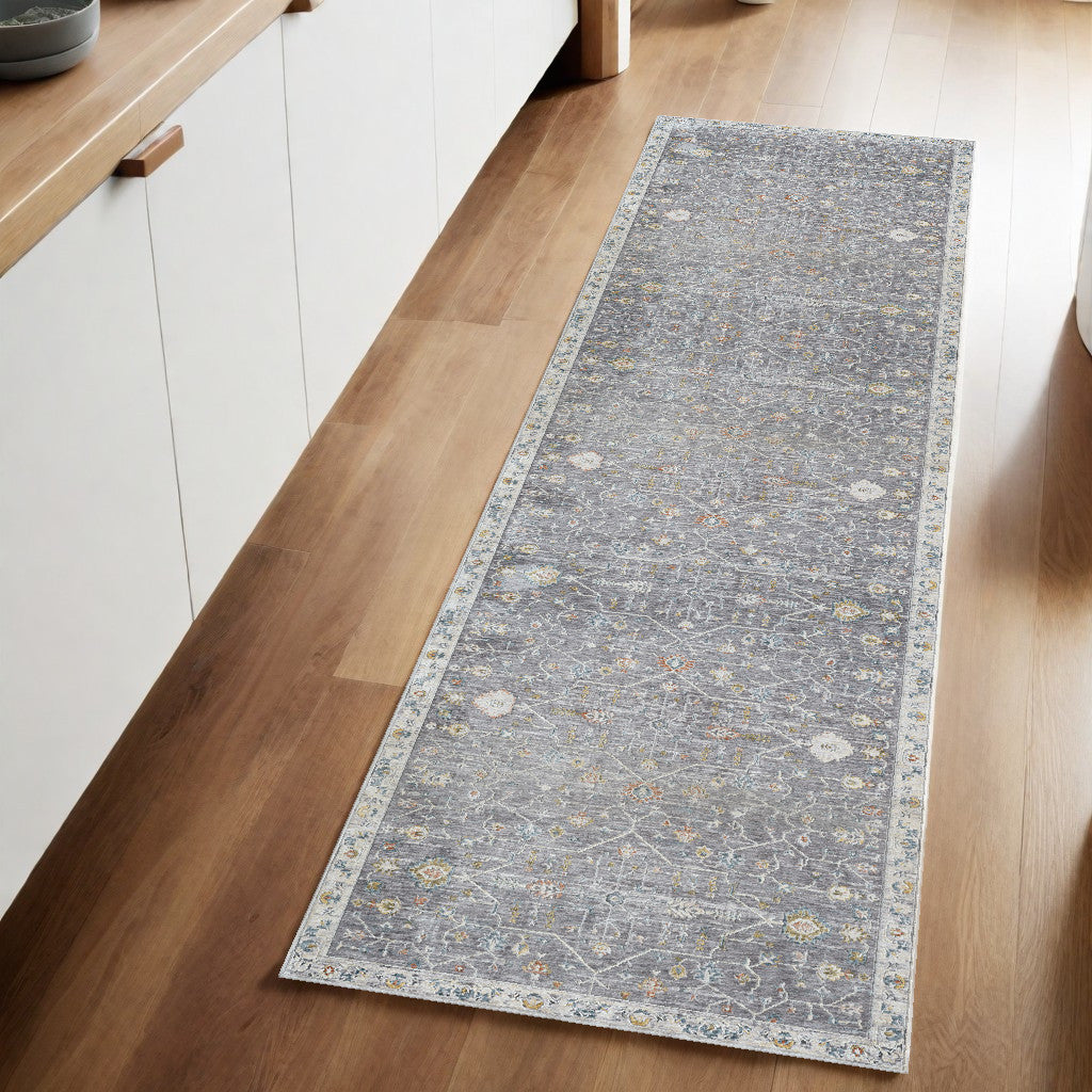 8' Runner Gray Floral Distressed Runner Rug