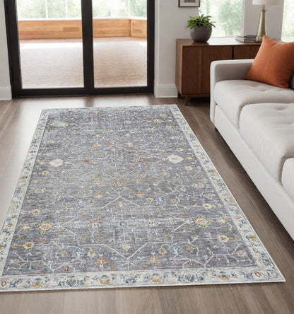 8' Runner Gray Floral Distressed Runner Rug