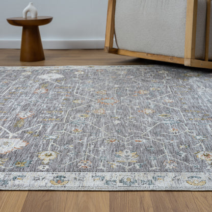 8' Runner Gray Floral Distressed Runner Rug