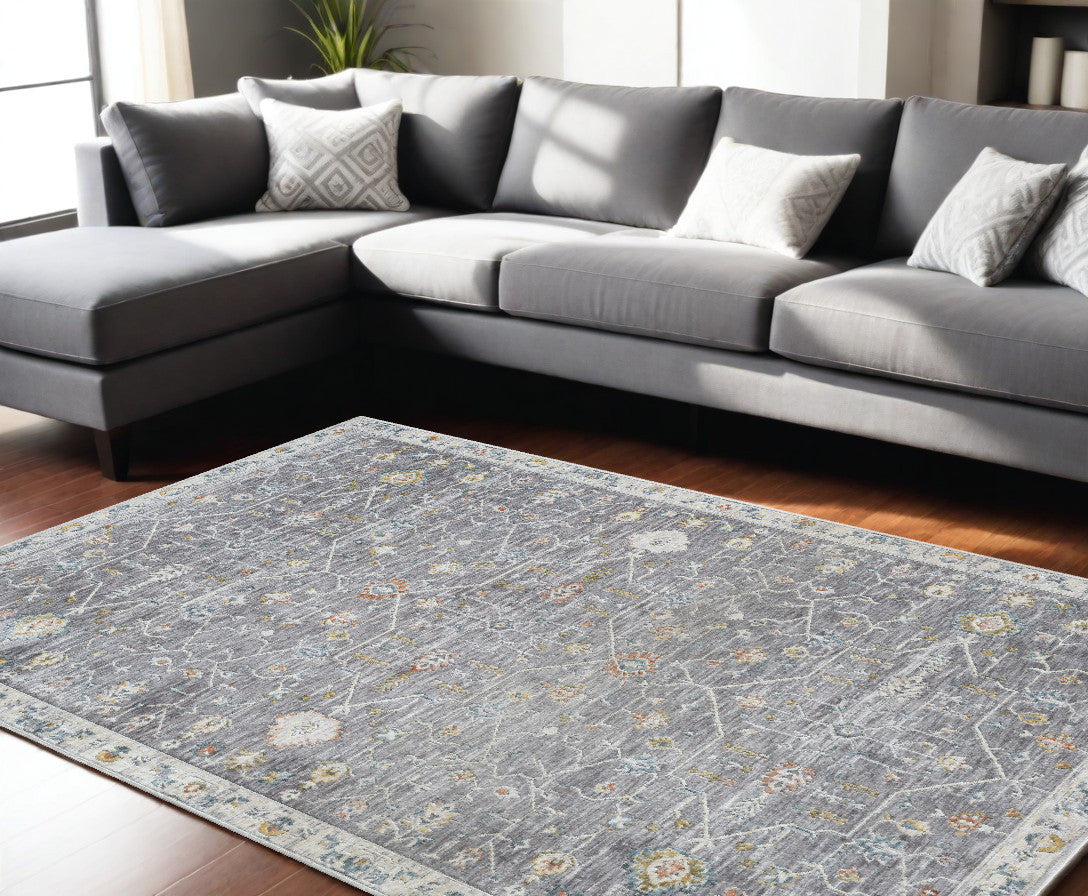 8' Runner Gray Floral Distressed Runner Rug