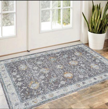 8' Runner Gray and Blue Floral Distressed Runner Rug