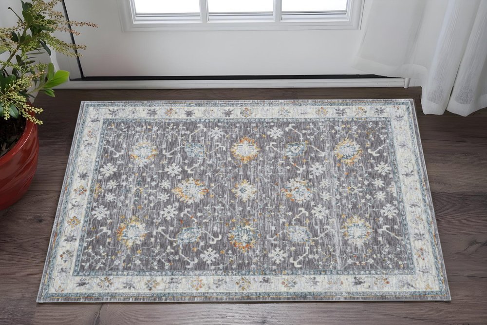 2' X 3' Gray and Ivory Floral Area Rug