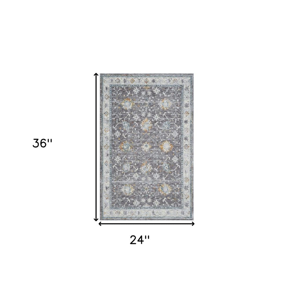 2' X 3' Gray and Ivory Floral Area Rug