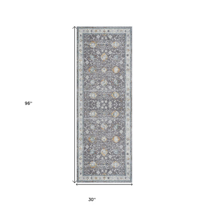 8' Runner Gray and Blue Floral Distressed Runner Rug