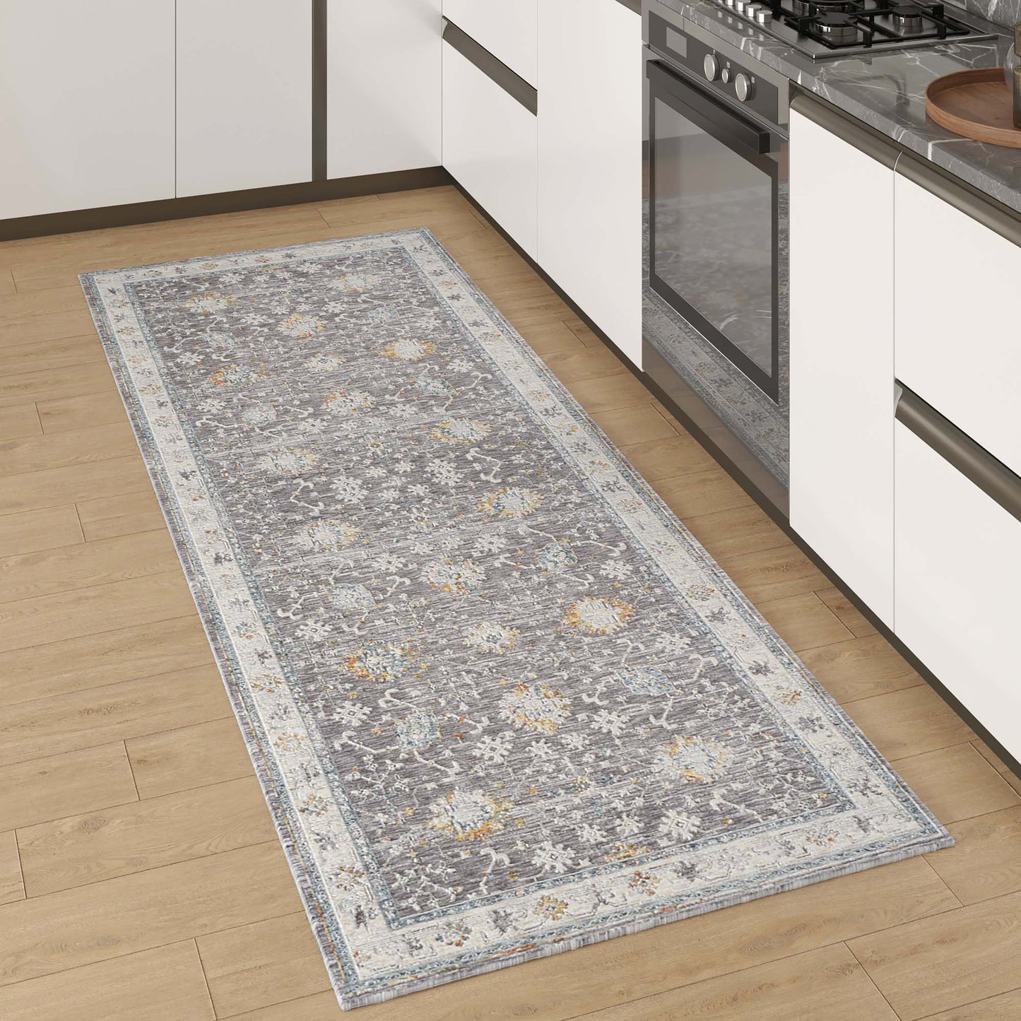 8' Runner Gray and Blue Floral Distressed Runner Rug