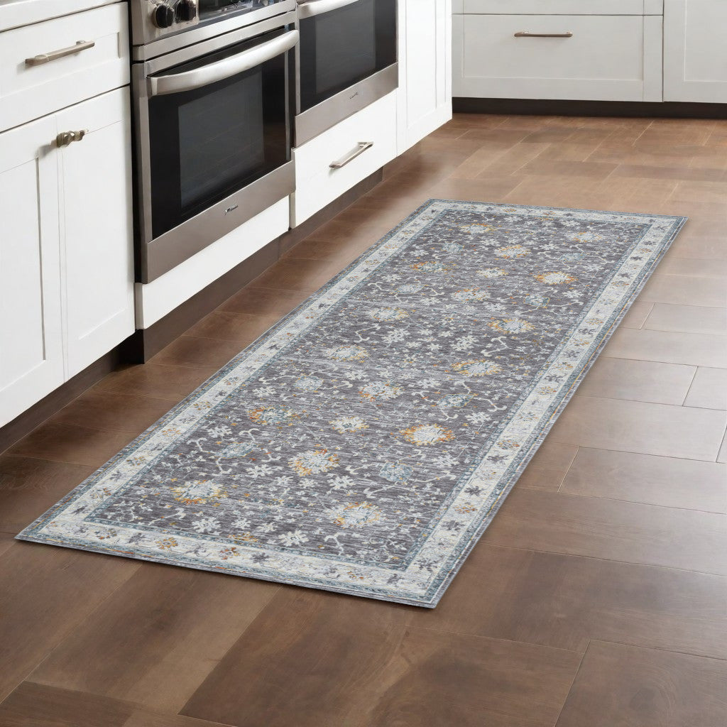 8' Runner Gray and Blue Floral Distressed Runner Rug