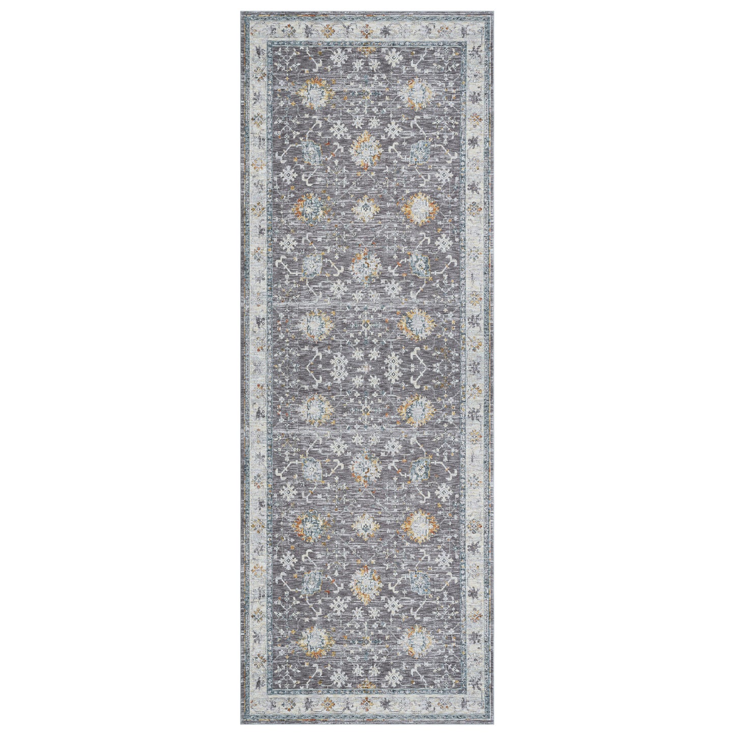 8' Runner Gray and Blue Floral Distressed Runner Rug