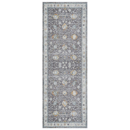 8' Runner Gray and Blue Floral Distressed Runner Rug