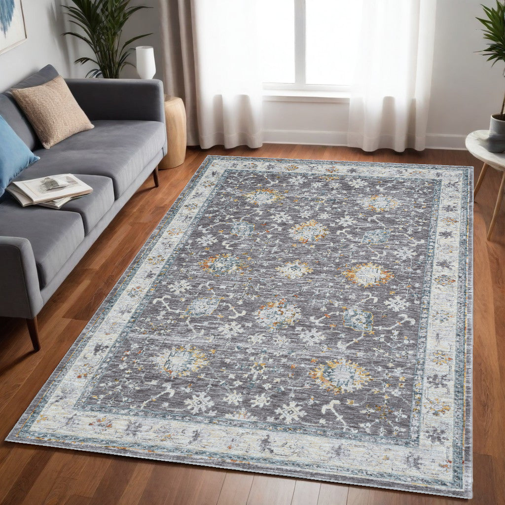 8' Runner Gray and Blue Floral Distressed Runner Rug