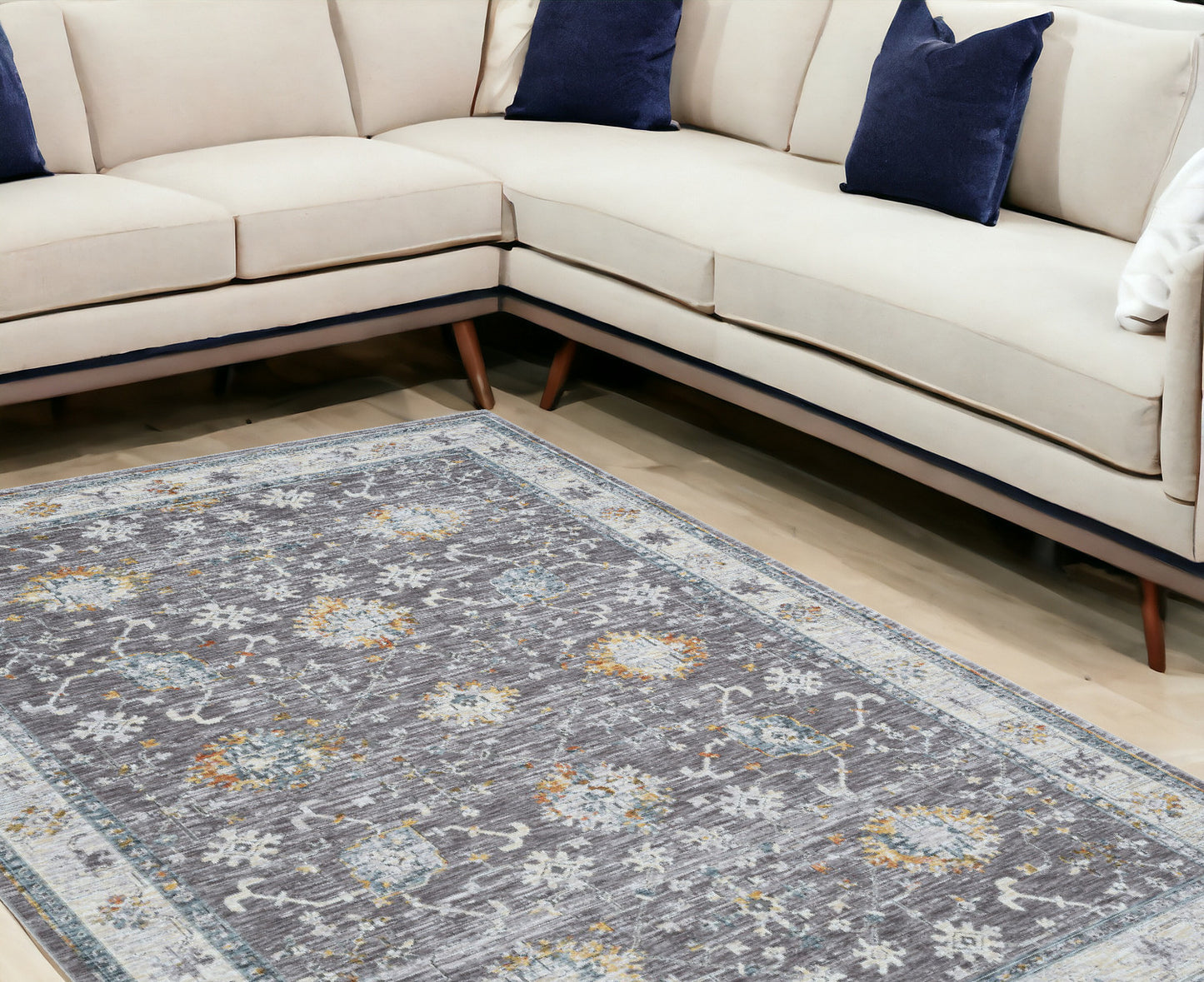 8' Runner Gray and Blue Floral Distressed Runner Rug