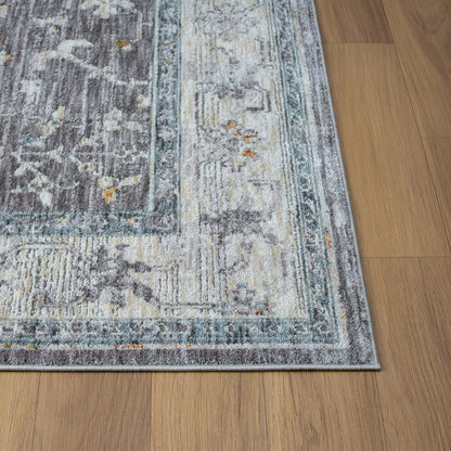 8' Runner Gray and Blue Floral Distressed Runner Rug