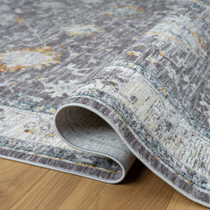 8' Runner Gray and Blue Floral Distressed Runner Rug