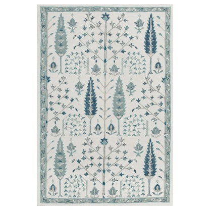 9' X 12' Ivory and Blue Wool Floral Hand Tufted Area Rug